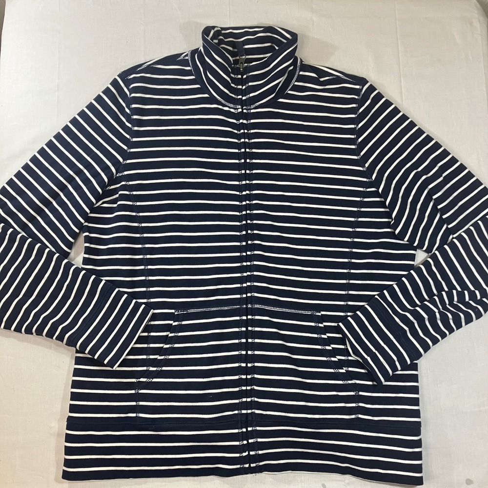 LL Bean Navy White Striped Full Zip Mock Neck Cotton Sweatshirt Large 501609